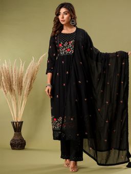 VISHUDH - Women Black Floral Kurta with Pant & Dupatta (Set of 3)