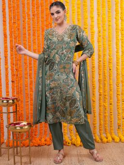 VISHUDH - Women Teal Floral Kurta with Pant & Dupatta (Set of 3)