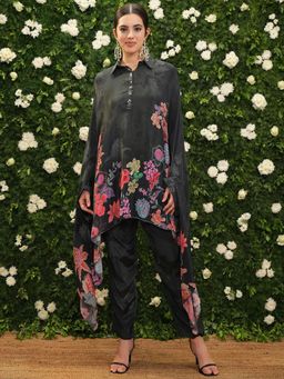VISHUDH - Women Black Floral Kaftan Tunic with Pant (Set of 2)