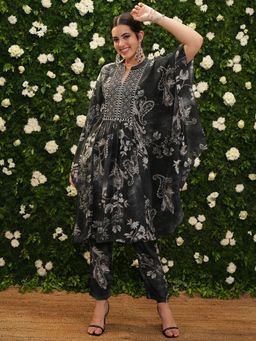 VISHUDH - Women Black Floral Kaftan Tunic with Pant (Set of 2)