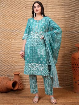 VISHUDH - Women Turquoise Printed Kurta with Pant & Dupatta (Set of 3)