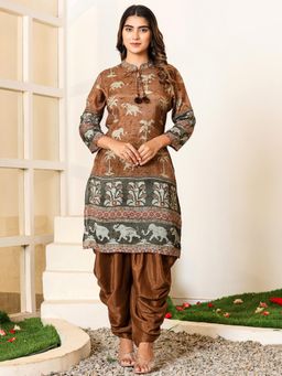 VISHUDH - Women Brown Floral Kurta with Dhoti (Set of 2)