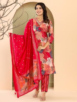 VISHUDH - Women Red Floral Kurta with Pant & Dupatta (Set of 3)