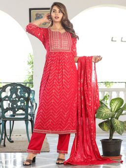 VISHUDH - Women Red Printed Kurta with Pant & Dupatta (Set of 3)