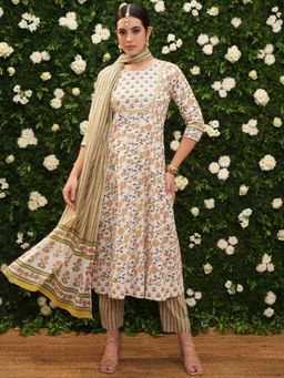 VISHUDH - Women Yellow Floral Kurta with Pant & Dupatta (Set of 3)