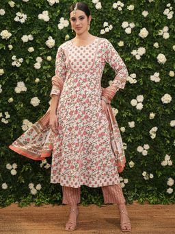 VISHUDH - Women Peach Floral Kurta with Pant & Dupatta (Set of 3)