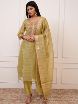 VISHUDH - Women Green Floral Kurta with Pant & Dupatta (Set of 3)