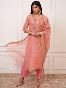 VISHUDH - Women Pink Floral Kurta with Pant & Dupatta (Set of 3)