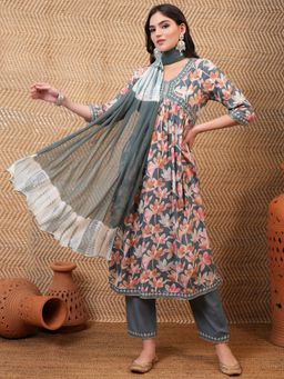 VISHUDH - Women Grey Floral Kurta with Pant & Dupatta (Set of 3)