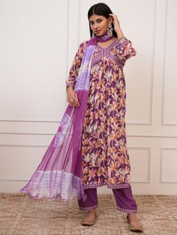 VISHUDH - Women Purple Floral Kurta with Pant & Dupatta (Set of 3)