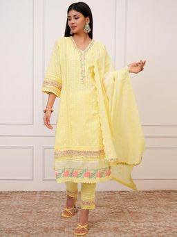 VISHUDH - Women Yellow Embroidered Kurta with Pant & Dupatta (Set of 3)