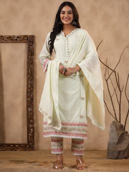 VISHUDH - Women Off White Floral Kurta with Pant & Dupatta (Set of 3)