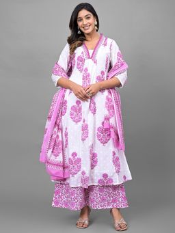 VISHUDH - Women Pink Floral Kurta with Palazzo & Dupatta (Set of 3)