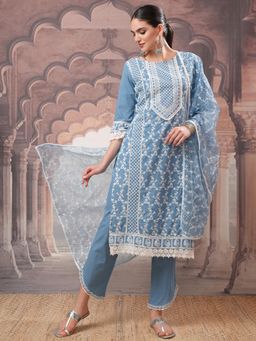 VISHUDH - Women Blue Embroidered Kurta with Pant & Dupatta (Set of 3)