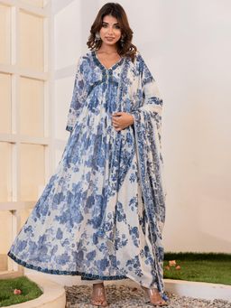 VISHUDH - Women Blue Floral Anarkali Kurta with Pant & Dupatta (Set of 3)