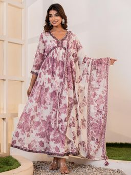 VISHUDH - Women Pink Floral Kurta with Pant & Dupatta (Set of 3)