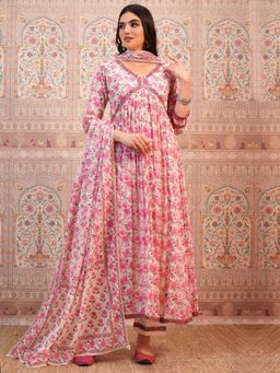VISHUDH - Women Pink Floral Anarkali Kurta with Pant & Dupatta (Set of 3)