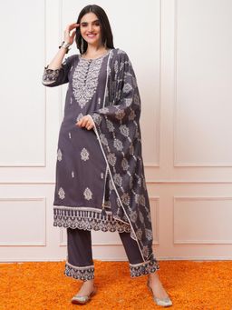 VISHUDH - Women Purple Embroidered Kurta with Pant & Dupatta (Set of 3)