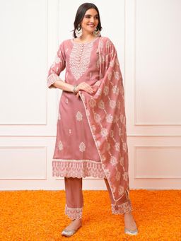 VISHUDH - Women Pink Embroidered Kurta with Pant & Dupatta (Set of 3)