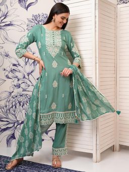 VISHUDH - Women Green Embroidered Kurta with Pant & Dupatta (Set of 3)