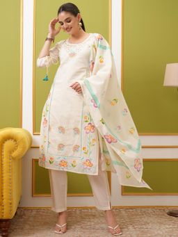VISHUDH - Women Off White Floral Kurta with Pant & Dupatta (Set of 3)