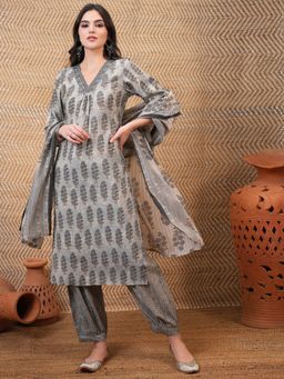 VISHUDH - Women Grey Floral Kurta with Salwar & Dupatta (Set of 3)