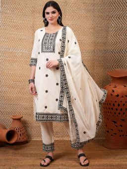 VISHUDH - Women Off White Embroidered Kurta with Pant & Dupatta (Set of 3)
