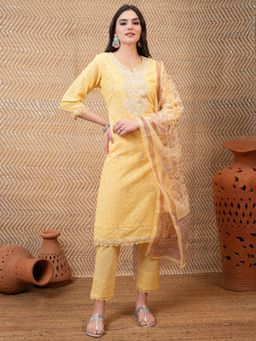 VISHUDH - Women Yellow Embroidered Kurta with Pant & Dupatta (Set of 3)