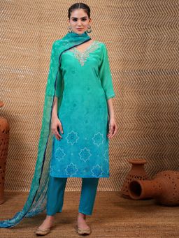 VISHUDH - Women Green Ombre Kurta with Pant & Dupatta (Set of 3)