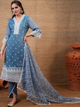 VISHUDH - Women Blue Embroidered Kurta with Pant & Dupatta (Set of 3)