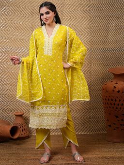 VISHUDH - Women Mustard Embroidered Kurta with Pant & Dupatta (Set of 3)