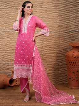 VISHUDH - Women Pink Embroidered Kurta with Pant & Dupatta (Set of 3)