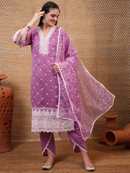 VISHUDH - Women Purple Embroidered Kurta with Pant & Dupatta (Set of 3)