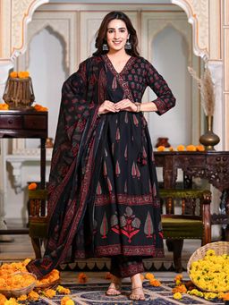 VISHUDH - Women Black Printed Angrakha Kurta with Pant & Dupatta (Set of 3)