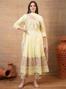 VISHUDH - Women Yellow Embroidered Kurta with Pant & Dupatta (Set of 3)
