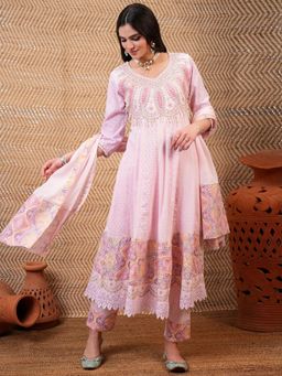 VISHUDH - Women Pink Embroidered Kurta with Pant & Dupatta (Set of 3)