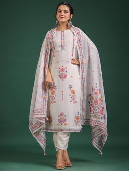 VISHUDH - Women Off White Floral Kurta with Pant & Dupatta (Set of 3)