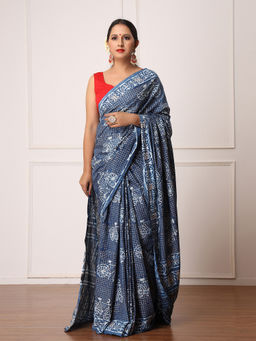 Mayurie - Nancy Indigo Dabu Print Cotton Saree with Unstitched Blouse