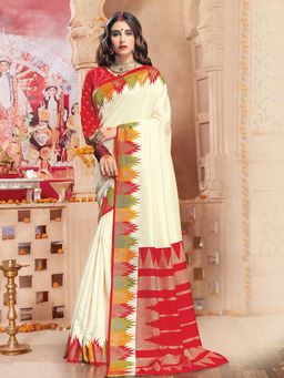 Akhilam - Women's Silk Blend Off White Printed Designer Saree with Unstitched Blouse