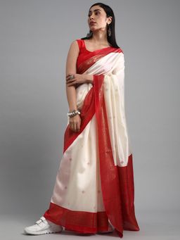Akhilam - Women's Silk Blend Off White Printed Designer Saree with Unstitched Blouse