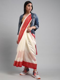 Akhilam - Women's Silk Blend Off White Printed Designer Saree with Unstitched Blouse