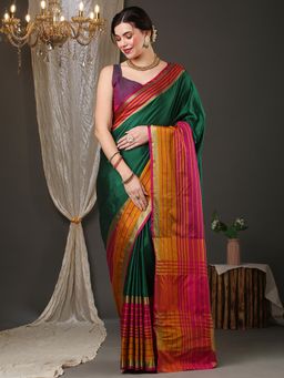 Akhilam - Women's Aura Silk Green Woven Design Designer Saree with Unstitched Blouse