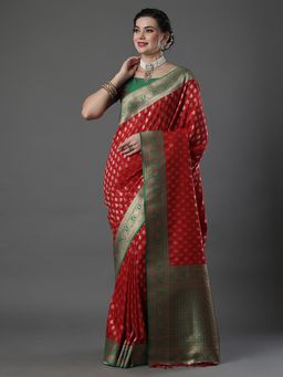 Akhilam - Women's Silk Blend Red Woven Design Designer Saree with Unstitched Blouse