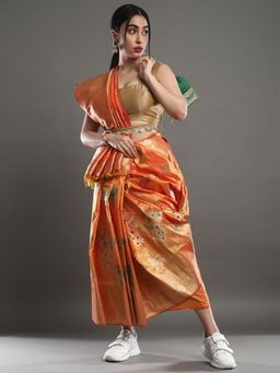 Akhilam - Women's Silk Blend Orange Woven Design Designer Saree with Unstitched Blouse