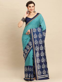 Akhilam - Women's Bhagalpuri Silk Turquoise Printed Designer Saree with Unstitched Blouse