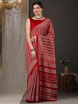 Akhilam - Women's Bhagalpuri Silk Red Printed Designer Saree with Unstitched Blouse