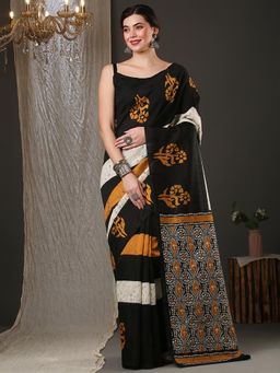 Akhilam - Women's Bhagalpuri Silk Black Printed Designer Saree with Unstitched Blouse