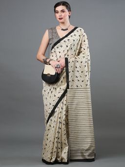 Akhilam - Women's Bhagalpuri Silk Cream Printed Designer Saree with Unstitched Blouse