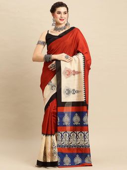 Akhilam - Women's Bhagalpuri Silk Red Printed Designer Saree with Unstitched Blouse