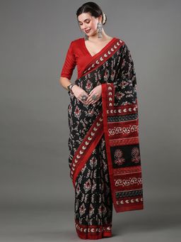 Akhilam - Women's Bhagalpuri Silk Black Printed Designer Saree with Unstitched Blouse